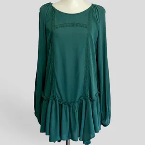 Maurices Tunic Blouse Medium Green Crochet Lace Peplum Ruffle Long Sleeve Boho thumbnail 2