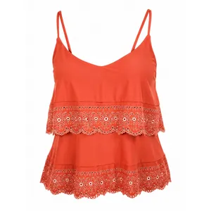 Women’s Tankini Swim Top Coral Pink Eyelet Lace Ruffle Padded Strappy 14” thumbnail 2