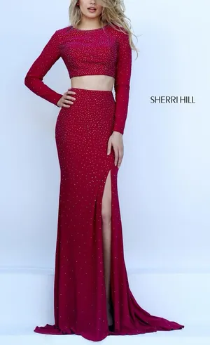 SHERRI HILL Two Piece Long Sleeve Dress with Side Slit in Ruby thumbnail 1