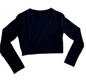 Black Ribbed Knit Long Sleeve Crop Top Crew Neck Slim Fit Minimalist Basic S thumbnail 1
