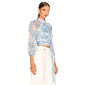 Amanda Uprichard Sheer Floral Cropped Tie Blouse Open Back Mock Neck Blue S thumbnail 3