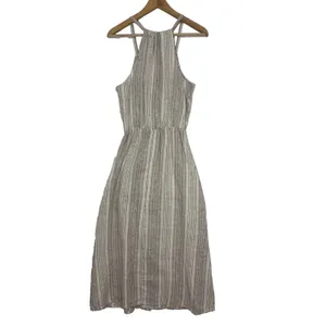 Indigo Rein Linen Dress Womens S Beige Striped Button‎ Skirt Coastal Boho Casual thumbnail 3