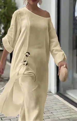 Women's High-Low Long Sleeve Dress in Beige thumbnail 1