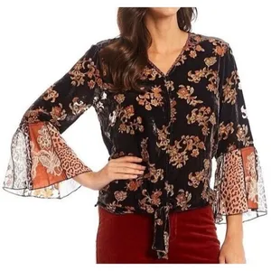 JOHN MARK Floral Velvet Burnout Animal Bell Sleeve Blouse Top Tie Waist Large thumbnail 1