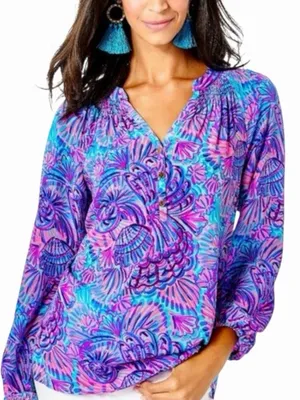 Lilly Pulitzer Silk Elsa Top Shelleidoscope Print Turquoise Oasis thumbnail 1