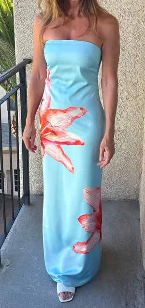 Revolve More to come Lyza Strapless Light Blue Floral-Print Dress thumbnail 1