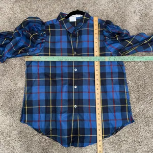 Gretchen Scott Plaid Puff Sleeve Blouse Women Medium Blue Excellent Tartan Top thumbnail 7
