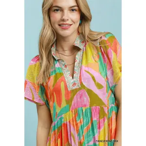 Umgee Abstract Tropical Print Tiered Midi Dress - Tangerine Mix - Small thumbnail 5