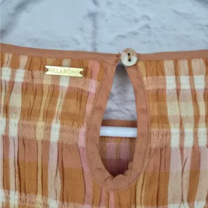 NWT Billabong Check Me Out Crop Top Plaid Smocked Long Sleeve Sunburnt Orange L thumbnail 9