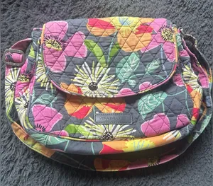 Vera Bradley shoulder bag with flap closure, gray with bright floral thumbnail 1