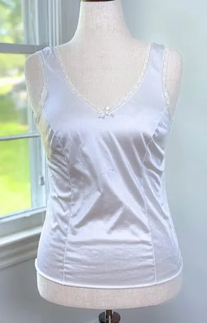 Vintage Velrose Coquette White Satin Camisole Medium Slip Top Lace Bow Bridal thumbnail 1