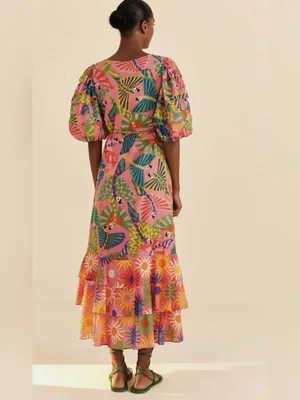 FARM Rio Coral Mixed Graphic Macaws Puff Sleeve Ruffle Hem Midi Wrap Dress XS thumbnail 3