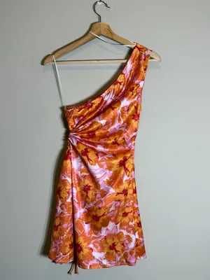 Hello Molly Loving That Girl Mini Dress Women's Small Orange Floral One Shoulder thumbnail 7
