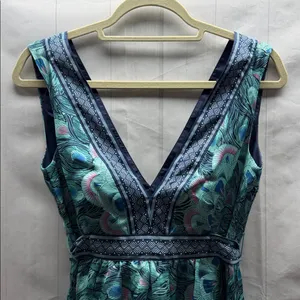 H&M Blue and Purple Peacock Print Deep V Belted Sleeveless Mini Dress thumbnail 4