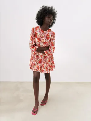 ZARA Sharon Crinkled Textured Floral Print Tiered Mini Dress Red/Pink Sz Large thumbnail 2