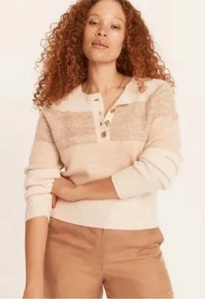 J.Crew 100% Cashmere marled sweater in stripe Henley Tan Cream Suze Sm thumbnail 1
