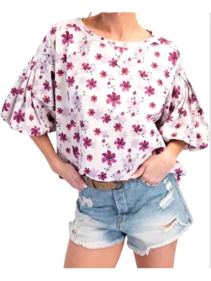 Easel Floral Print Bubble Sleeve Top in Mustard Size S thumbnail 1