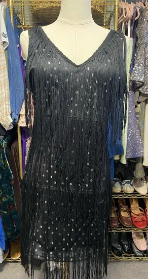 Cuase Black Silver Fringe Sequin Polka Dot Flapper Dress Size Large thumbnail 1