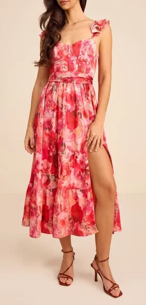 NEW Lulus Sweet Like Sangria Pink Floral Ruffled Bustier Tie Midi Dress Small thumbnail 1