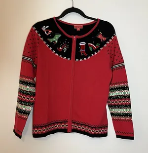 Target Vintage Zip Up‎ Red Ugly Christmas Shoes Bells Cardigan Sweater Size M thumbnail 1
