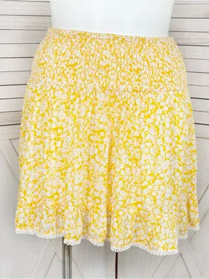 Lost + Wanderer Floral Lace Hem Smocked Waist Mini Skirt Yellow White XL Cottage thumbnail 1