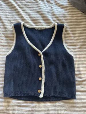 Abercrombie Navy Button-Up Ribbed Crop Top with White Trim thumbnail 4