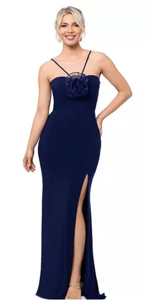 XSCAPE Women's Rosette Halter Gown Sleeveless Front slit Formal Dress Navy 10 thumbnail 1