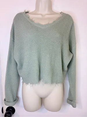 Moon & Madison Waffle Knit Crop Sweater Sage Green Distressed Hem Size M thumbnail 2
