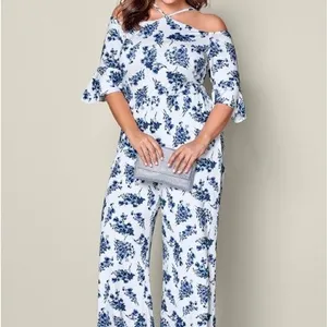 VENUS Blue Floral Off-Shoulder Jumpsuit thumbnail 5