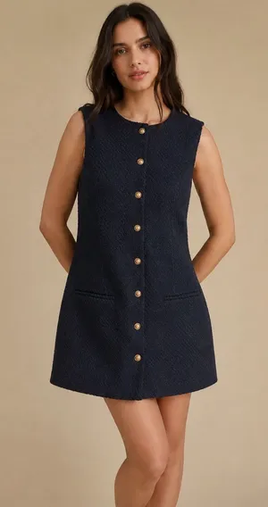 Abercrombie & Fitch Mara Tweed Vest Mini Dress Navy Gold Button XL Like New thumbnail 1