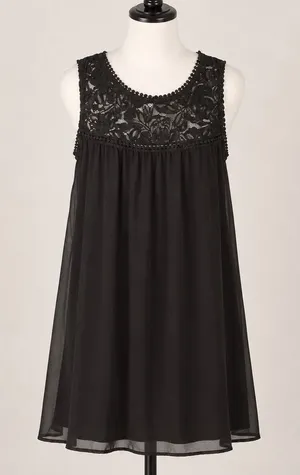 As You Wish Black Lace Chiffon Mini Dress Bohemian Parisian Dress Pompom Medium‎ thumbnail 1