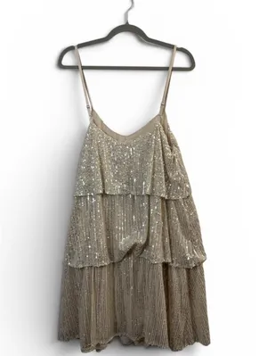 Women’s Champagne Gold Co Sequin Tiered Dress Size L Spaghetti Strap Cocktail thumbnail 2