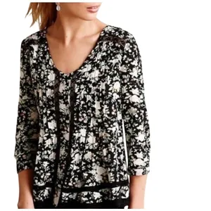 Maeve‎ Anthropologie Floral Lace Trim Blouse Womens 10 Black Boho Pleated Rayon thumbnail 2