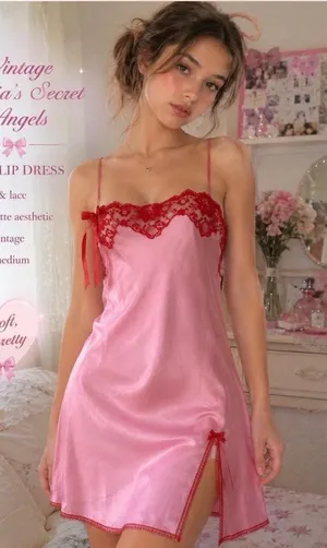 Victoria's Secret Slip Dress Womens S Pink Red Lace Satin Y2K Coquette Mini thumbnail 1