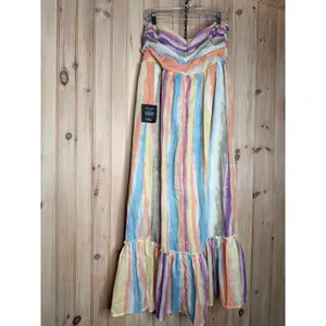 NWT Lulus Kelia Peach Multi Striped Midi Dress Coastal Resort Vacay Ruffled Sz L thumbnail 6