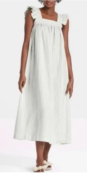 A New Day Linen Blend Striped Ruffle Sleeve Midi Dress‎ Size L thumbnail 1