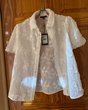 Adrianna Papell White Embroidered Short Sleeve Button-Up Blouse thumbnail 1