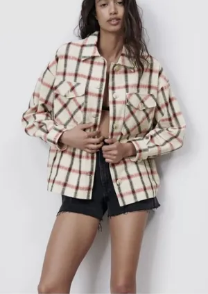 Zara white red and black oversized Plaid jacket size medium women's thumbnail 1