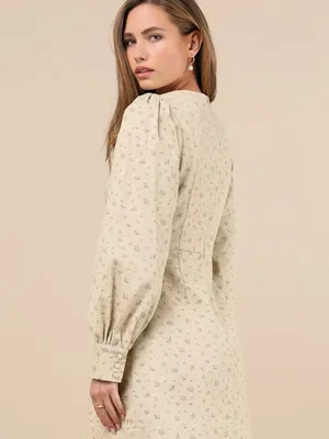 Lulu’s Darling Girl Beige Floral Twill Long Sleeve Mini Dress L thumbnail 4