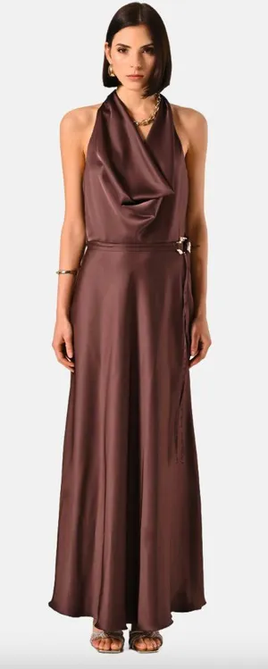 Rinascimento chocolate brown silky draped cowl neck cocktail dress thumbnail 1