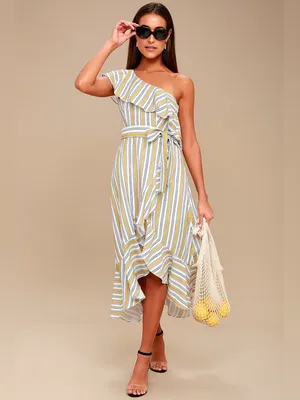 Lulus High Tide Yellow Striped One Shoulder Midi Dress Size Small thumbnail 2