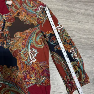 Chicos Paisley V-Neck Blouse Size 2 Large Rust Navy‎ 3/4 Sleeve Button Trim Top thumbnail 11