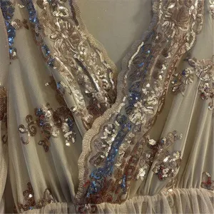 Rouge Women's M Beige Champagne V-Neck‎ Midi Dress with Rose Gold Sequins thumbnail 14