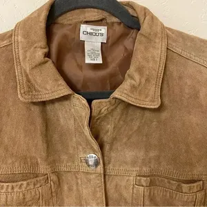 Chico's Womens Size 3 Suede 100% Leather Lined Tan Jacket With Metal Buttons thumbnail 4