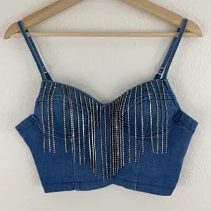 Haute Monde Y2K Vibes Blue Denim Cowgirl Western Rhinestone Fringe Crop Bustier Tank Top thumbnail 2