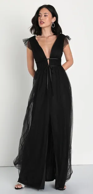 NWT Lulus I'm All Yours Black Tulle Ruffled Maxi Dress Debut Wedding Size XS thumbnail 1