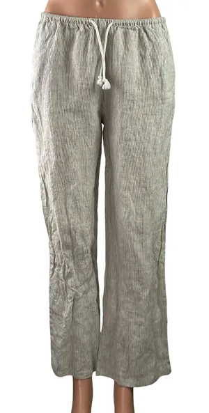 Brandy Melville 100% Linen Green Striped Dawstring Wide Leg Trousers Pants Sz S thumbnail 1