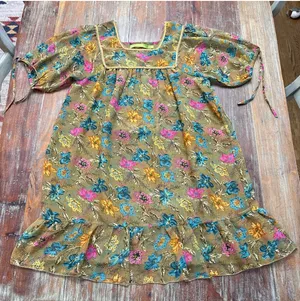 Rapsodia Boho Floral Mini Dress Square Neck Gold Beaded Trim Size S Puff Sleeve thumbnail 1