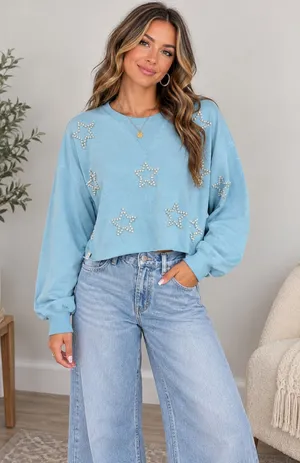Simply Southern Light Blue Cropped Pearl Star Sweatshirt thumbnail 1
