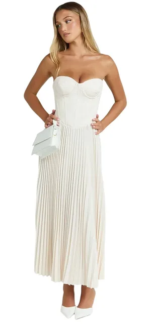 Showpo Lace Up Back Bustier Pleated Loretta Midi Dress in Cream size 4 thumbnail 1